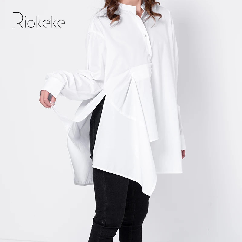 Riokeke нерегулярные Дизайн Для женщин рубашка белая блузка S Топы корректирующие и