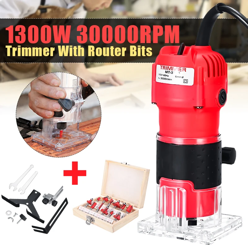 

220V 800W 1300W 6.35mm 1/4'' 30000RPM Electric Hand Trimmer Wood Laminator Router Woodworking Cutter Carving Trimming Tool 2Size