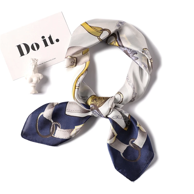 Роскошный брендовый Элегантный женский квадратный шелковый шарф на шею, атласный шарф, обтягивающий Ретро галстук для волос, небольшой модный квадратный шарф 70x70 см - Цвет: FJ34 navy