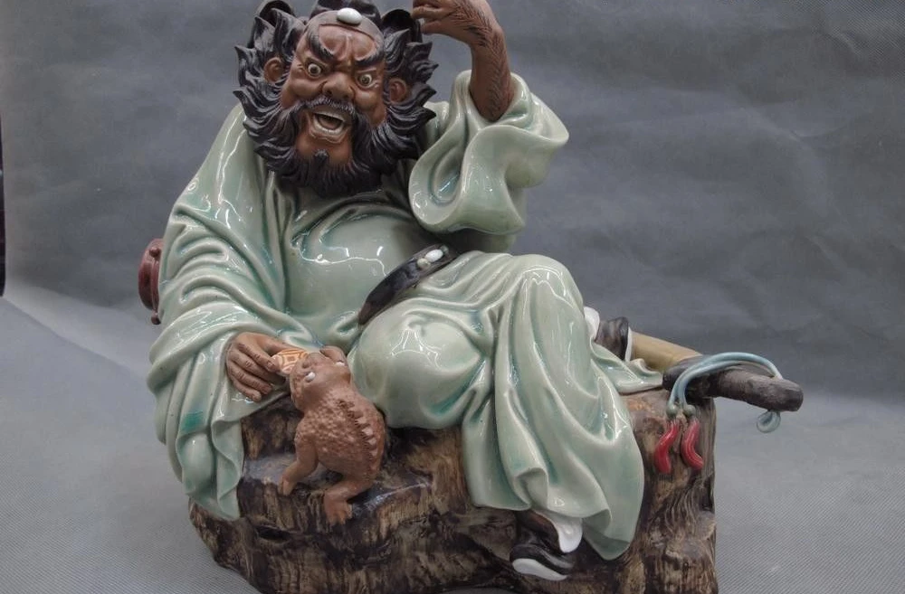 

China Pottery WuCai porcelain Feng Shui Zhong Kui God Buddha Feed Toad Statue