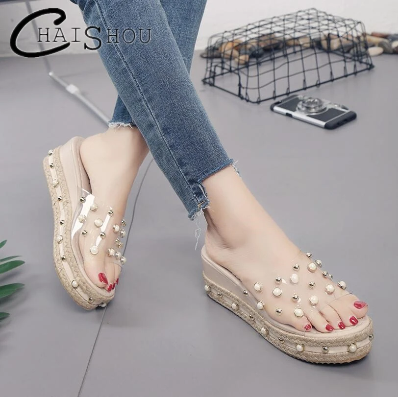 

2018 Summer Slippers Thick Bottom Platform Sandals Crystal Pearl Women Slipper Transparent Flip Flops Casual Beach Sandals U132