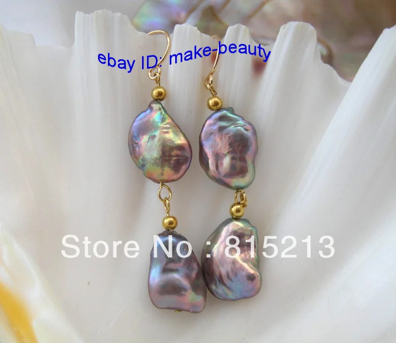 

wb0046 stunning big 15mm baroque gray KESHI REBORN pearl earrings 14KGP