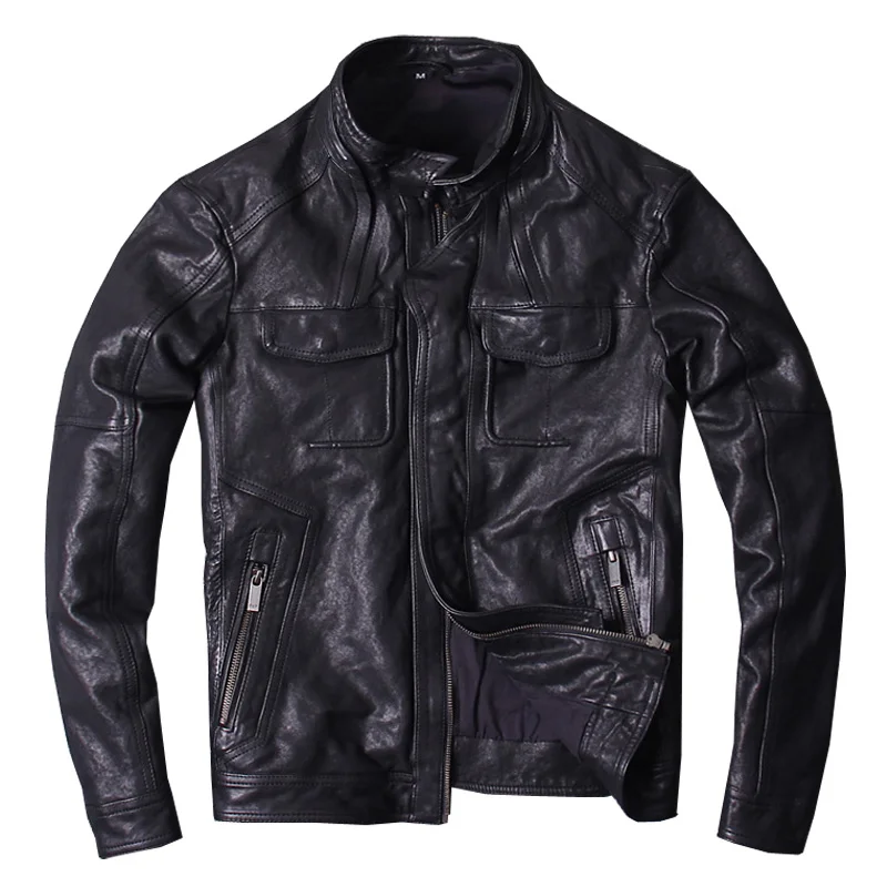 2019 Black Men Short Genuine Casual Leather Jacket Double Pockets Plus