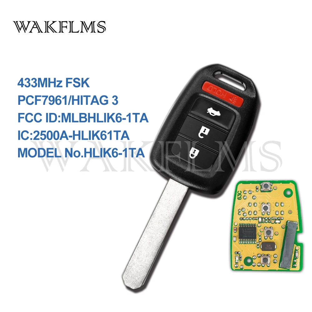4btn дистанционного брелок 433 МГц для Honda Accord Civic CRV с PCF7961 HITAG 3 чип MLBHLIK6-1TA(G-Sensor) точка без Mark