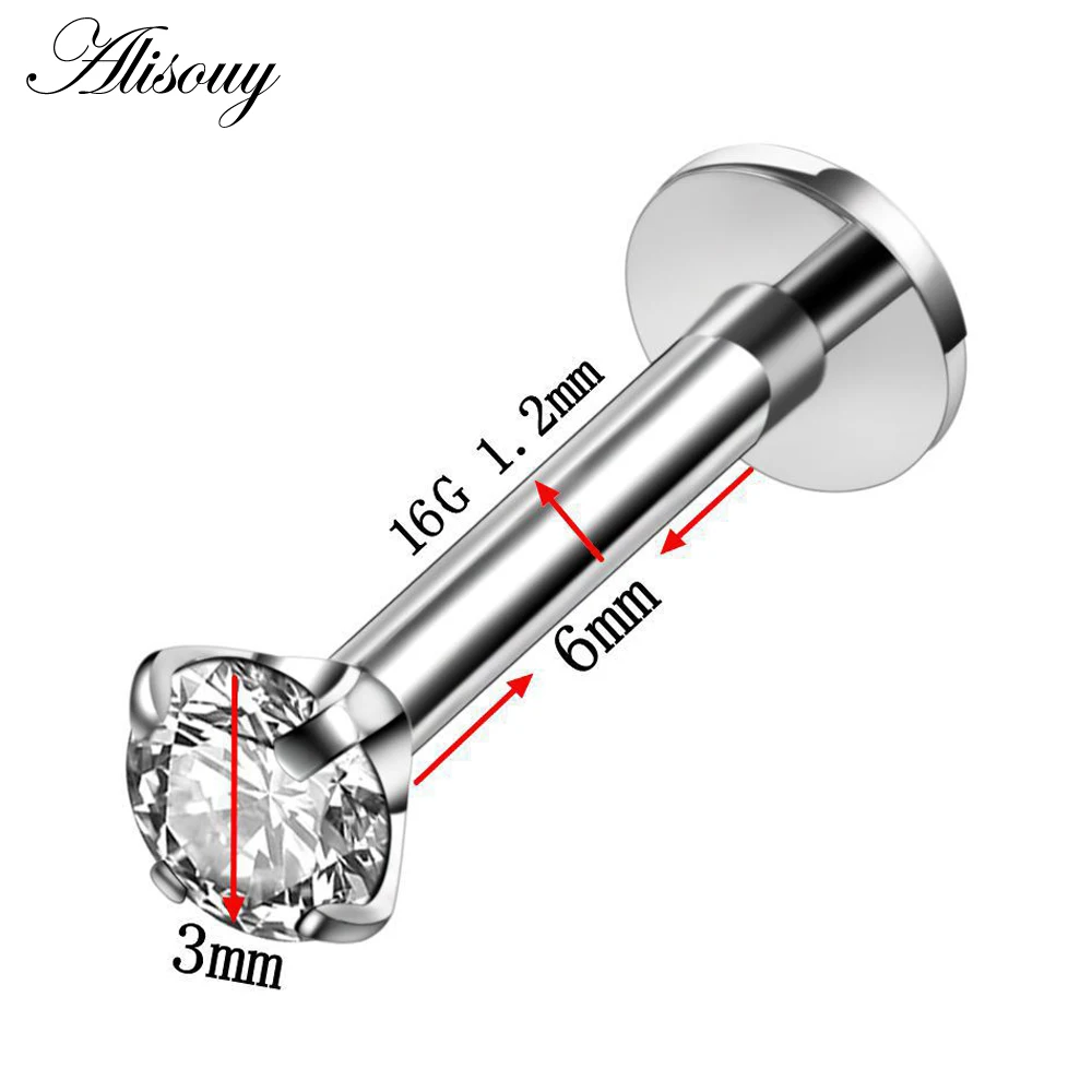 Alisouy 1 шт. стальные кольца для губ внутренняя нить Лабрет пирсинг спираль серьги пирсинг для пупка кольца стержни зубец драгоценный камень ювелирные изделия для тела