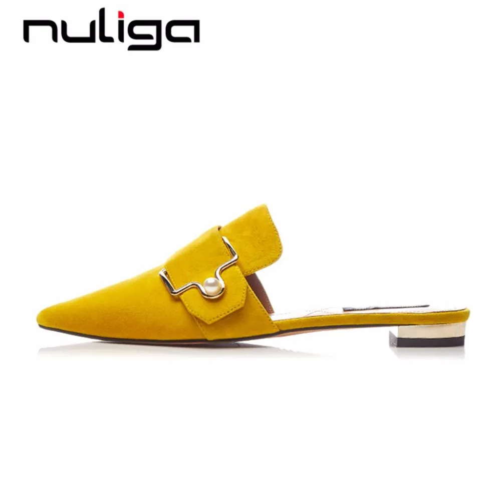 

Nuliga pointed toe shoes slip on low heels solid woman mules full grain leather pumps pearl metal buckle casual lazy shoes L99