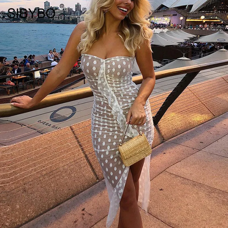 

Sibybo Dot Print Split Mesh Sexy Party Dress Off Shoulder Ruffles Summer Women Dress Strapless Beachwear Bodycon Dress