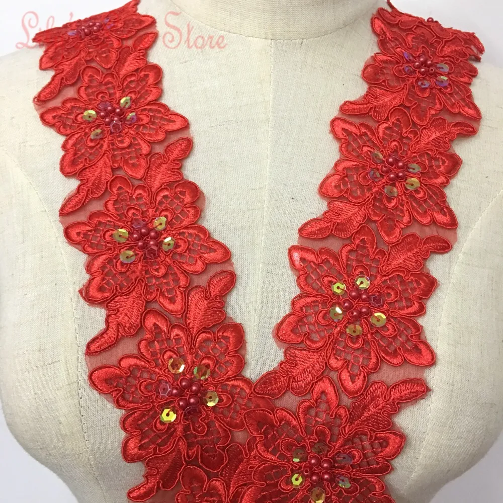 Fashion red sequin trim embroidered lace trim sewing craft with pearls