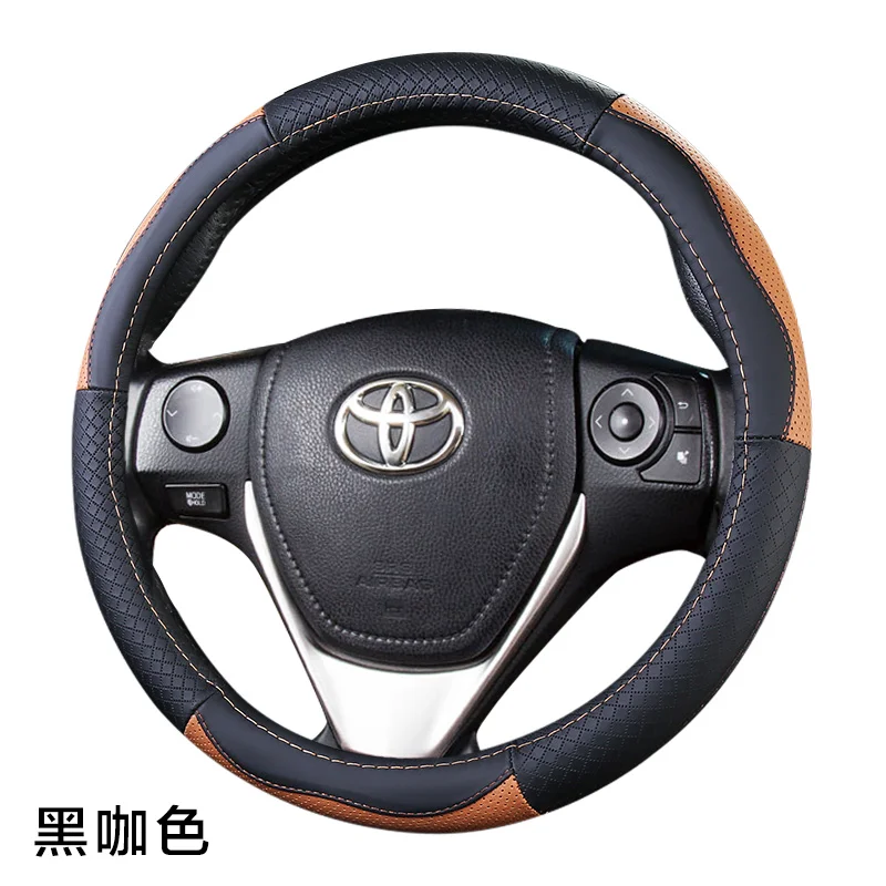 Верхний слой кожаный руль чехлы для Toyota 86 Agya Allion Auris Avalon Aygo Vios Vitz Yaris Mark X Hilux Alphard corolla - Название цвета: black with coffee