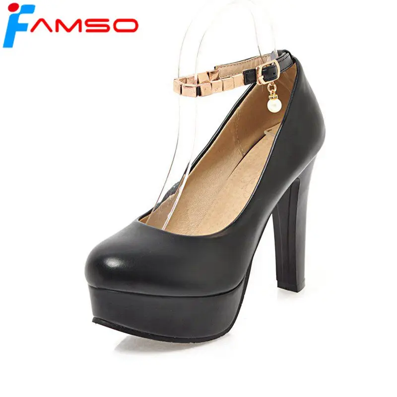 

FAMSO 2019 New Spring Shoes Women Pumps Black Ankle Strap Spring Autumn Shallow Platforms Pumps Beading Round toe Office Pumps