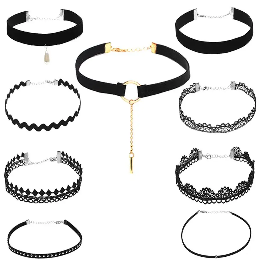 3pcs Women Retro Punk Gothic Black Cord Chunky Choker Pendant Necklace 01