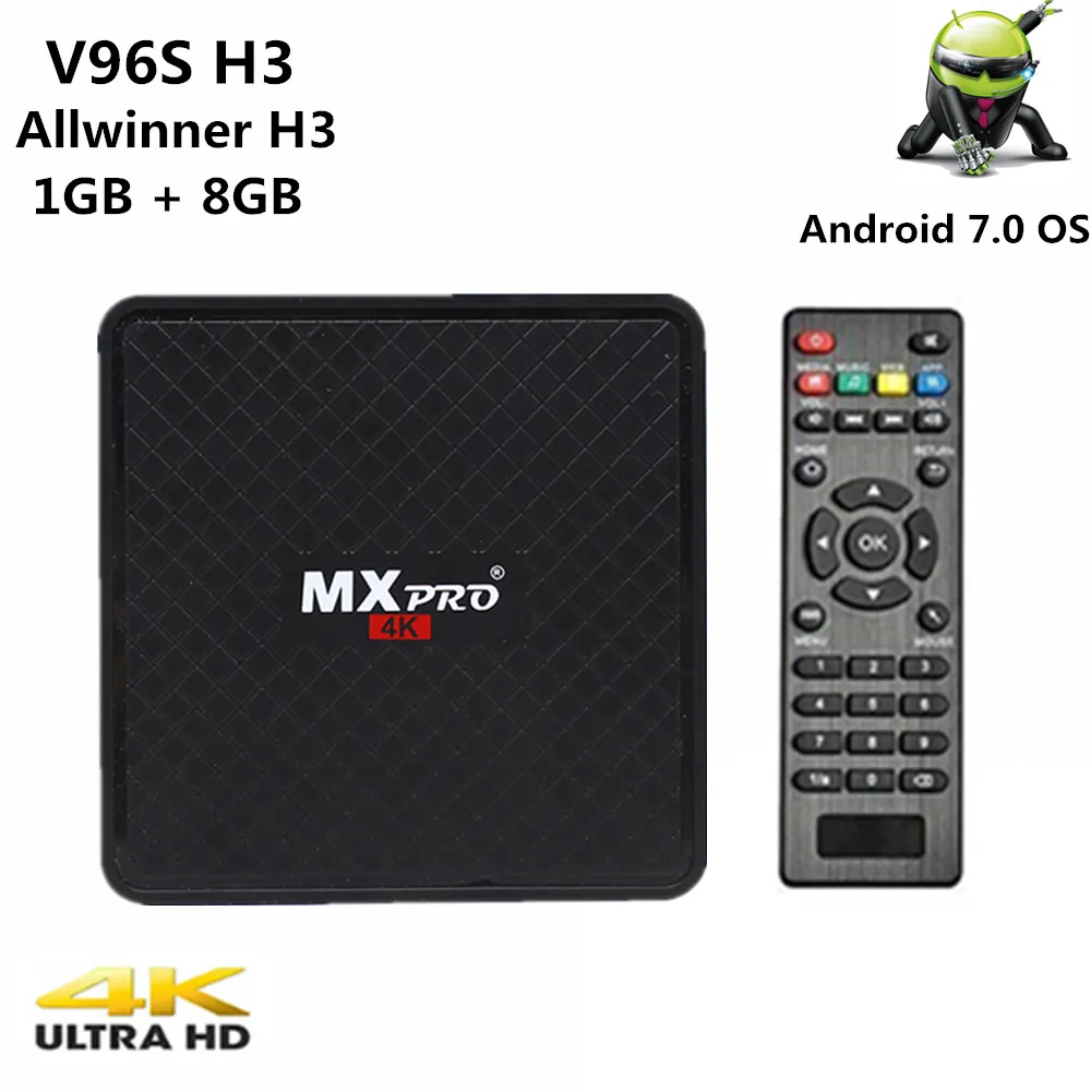 4 K Ultra HD Android ТВ Android 7,0 Smart BOX V96S H3 1 GB 8 GB Allwinner_H3 4 ядра Wi-Fi 3 * USB 2,0 телеприставки медиаплеера