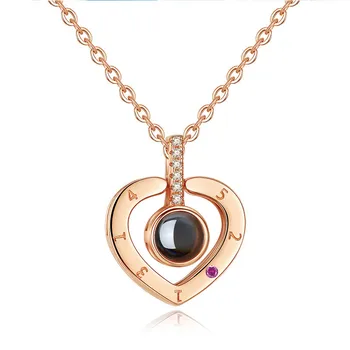 

925 Sterling Silver Love Memory Heart Shape Necklace 100 Languages Say I Love You Projection Necklace Couple Jewelry Friend Gift