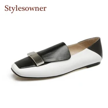 Stylesowner/женские лоферы; обувь из натуральной кожи; цвет черный, белый; обувь без застежки на плоской подошве с металлическим украшением; женская обувь с квадратным носом и глубоким носком; Sapato