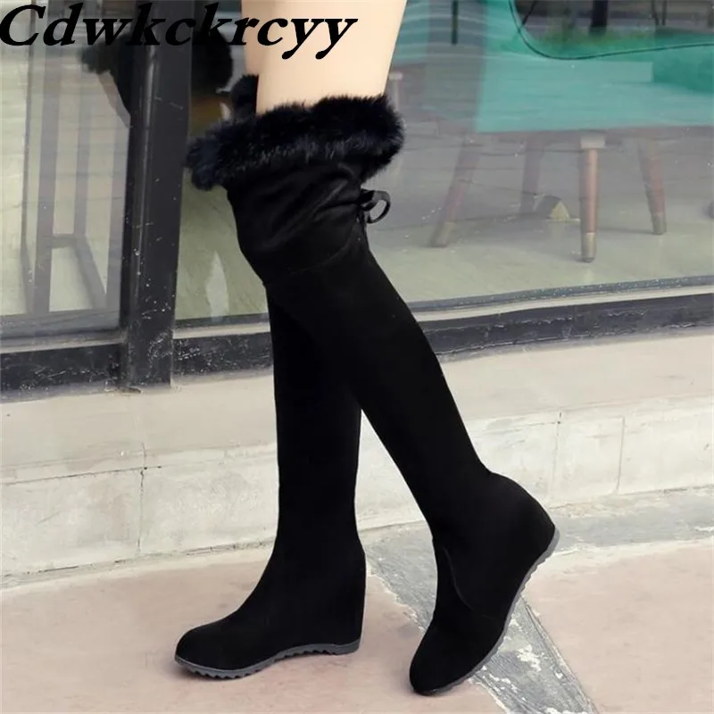 

winter New pattern Over the knee Boots Suede Grind Rabbit's hair Internal increase Lean leg Women Boots plus size 34-43