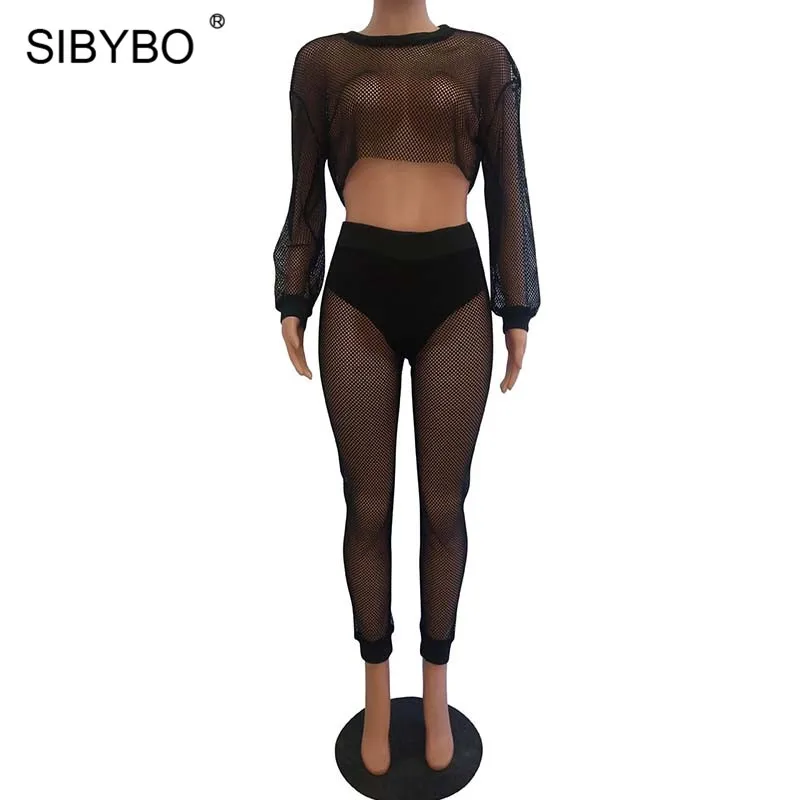 Женский комплект из двух предметов Sibybo топа и штанов с вырезами сеткой в виде