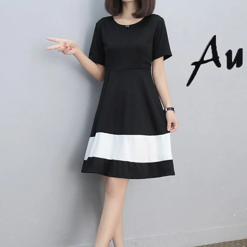 

Fashion Women Short Sleeve A-Line O-neck Dress 2019 Spring Summer New Patchwork Ladies A-Line Knee-Length Vestidos