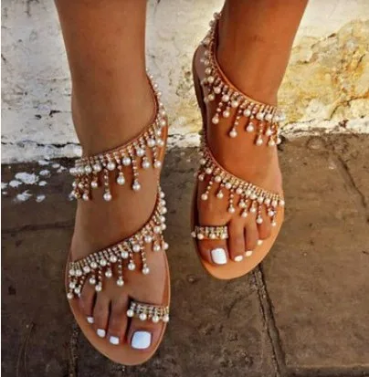 

Ladies Wedding Party Sexy Gladiator Jewelry Sandals Shoes Plus Size 34-43 Women Bohemia Handmade Summer Bead Flat Sandals Shoes