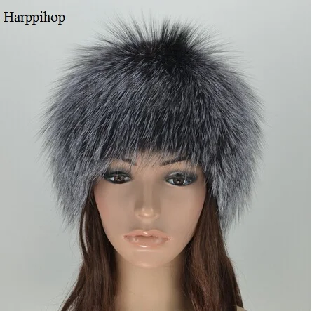 

Harppihop FUR women winter fur hat genuine fox fur hats knitted silver fox fur caps female russian bomer caps
