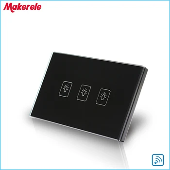 

Remote Control Wall Switch US Standard Remote Touch Switch Black Crystal Glass Panel 3 Gang 1 way with LED Indicator