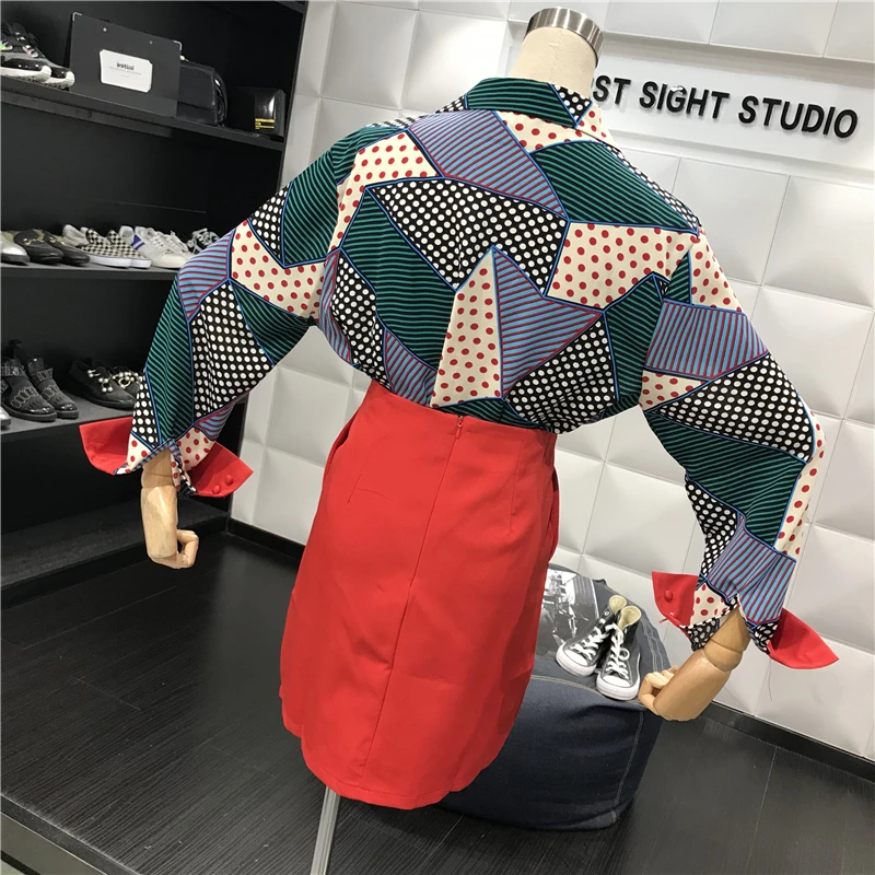 Fashion Autumn Runway Designer Women Two Piece Set Polka Dot Printing Shirts Tops And Slim Package Hip Skirt Clothing Sets SL462