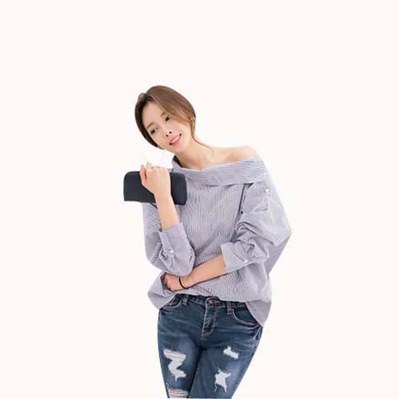 Женская блузка в полоску с длинным рукавом без бретелек|shirt top|blouse shirtbat sleeve blouse |