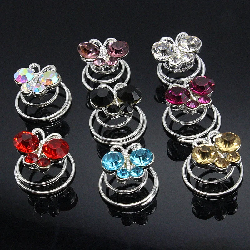 12pcs Colorful Butterfly Rhinestone Twist Hair Spin Pins Women Fashion