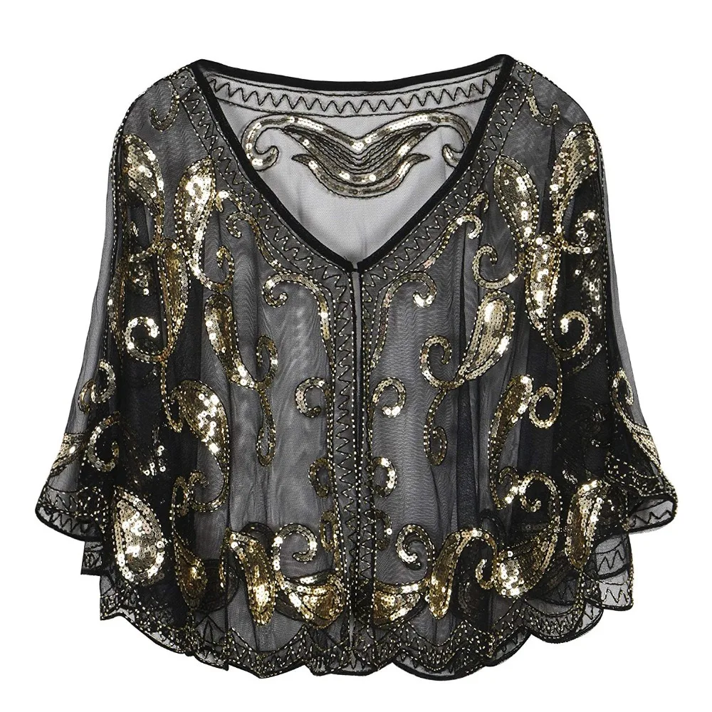 JaneVini Sparkling Sequined Black Gold Bridal Shawl Wrap Bolero V Neck Short Stoles Women Wedding Cape Cloak Wedding Accessories