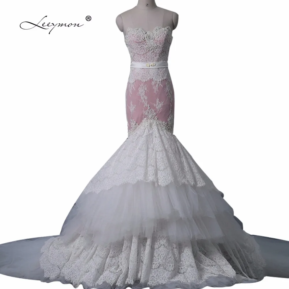 

Leeymon Lace Wedding Dress With Train Tiered Wedding Dress With Pink Nude Vestido De Noiva 2019 A362