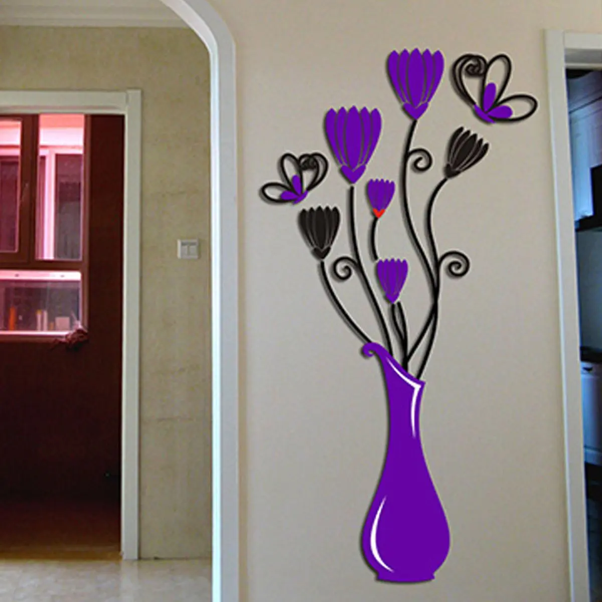 3D Цветочная ваза стикеры Настенные зеркальные художественные росписи домашний декор для комнат и офисов наклейка Акриловые DIY ваза цветок дерево обои для дома - Color: Purple B