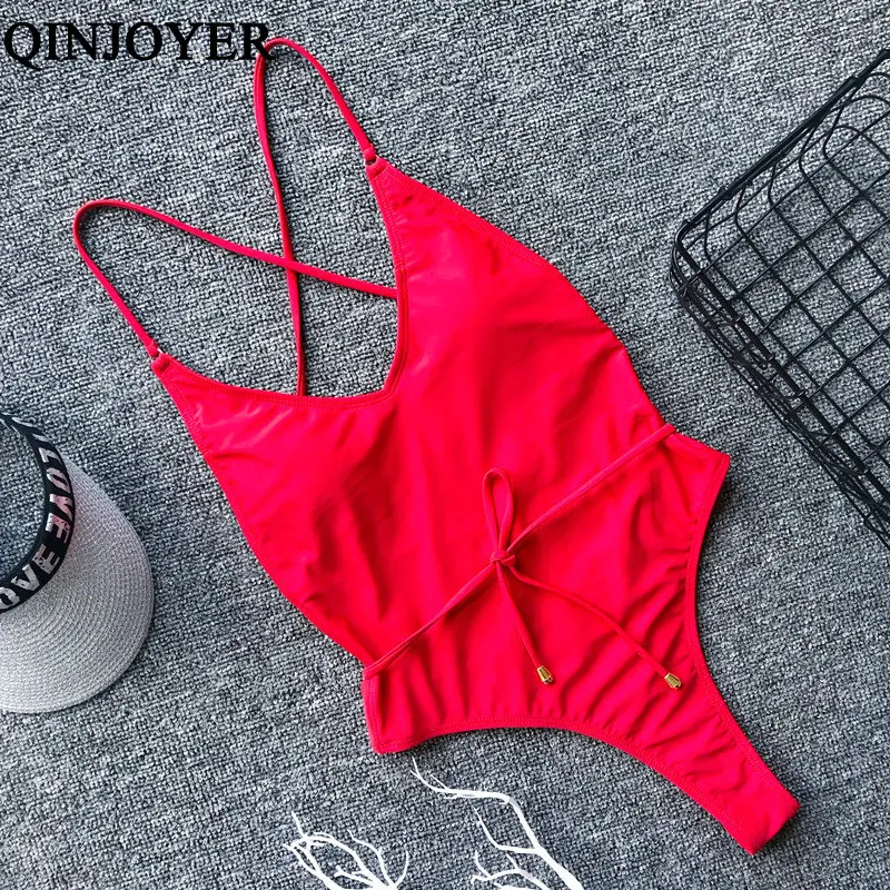 QINJOYER, женский купальник с открытой спиной,, стринги, бикини, черный, пуш-ап, одежда для плавания, монокини, купальный костюм для женщин - Цвет: Красный