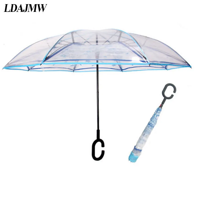 LDAJWM прозрачный обратный зонтик, двойной слой, цветущая вишня, перевернутый зонтик, дождевик для женщин, c-крюк, Ветрозащитный складной зонтик