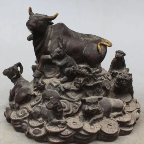 

RHS0041 7" China Copper Gilt FengShui Wealth 12 Zodiac Animal Dragon Cattle Horse Statue