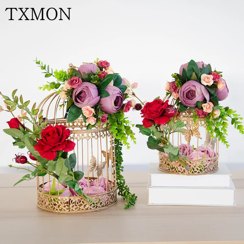 

1set (Big+Samll) Simulation wall hanging flower birdcage wedding scene layout props home garden background decoration flowers