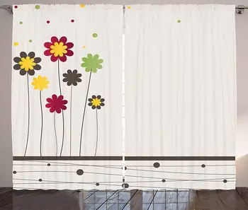

Contemporary Curtains Colorful Abstract Daisy Blossoms with Little Dots and Lines Spring Field Art Living Room Bedroom Window