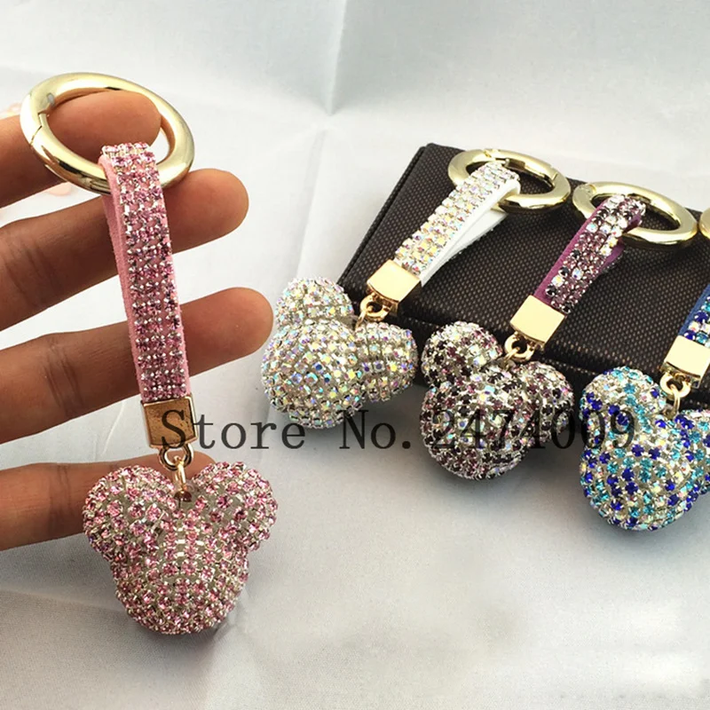 

Fashion Handmade Rhinestone Ball Mickey Head Keychain Mixed Color Crystal Llavero Pompon Keyring Key Chain Charm Bag Car Pendant