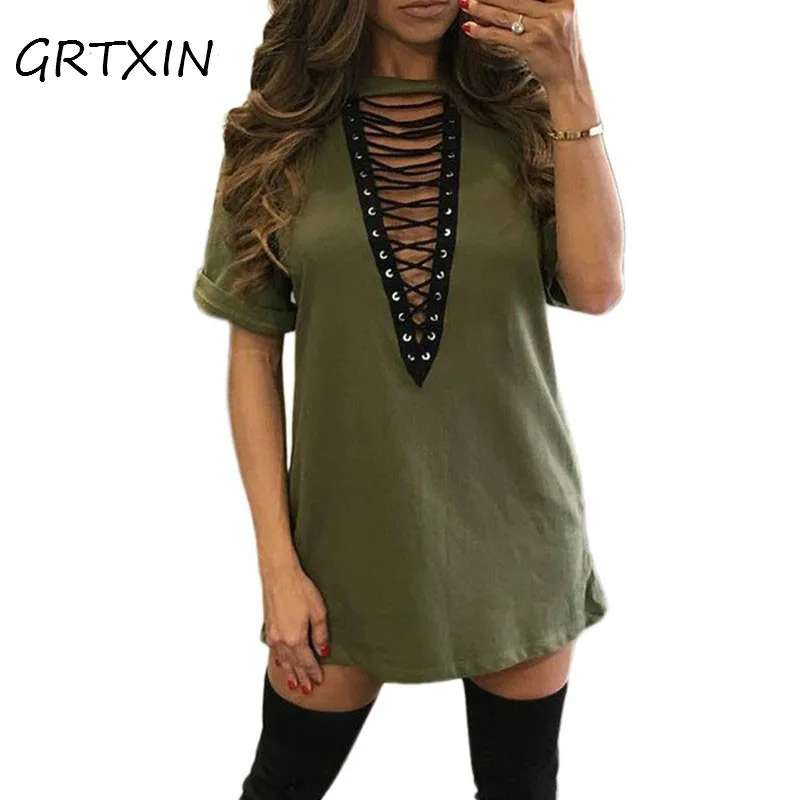 

Summer T shirt Dress 2019 Women Choker V-neck Lace Up Sexy Bandage Bodycon Party Dress Casual T-shirt Dress Vestidos Plus Size