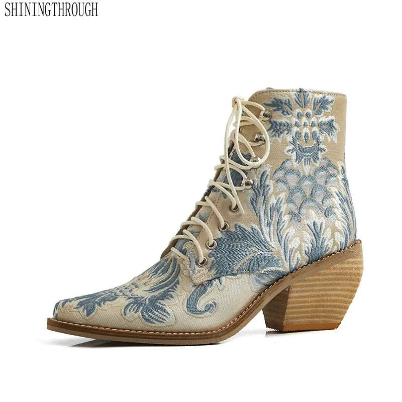 

Women chelsea Ankle Boots Spring winter lace up Shoes woman genuine Leather Strange High Heels Boots size 41 42 43