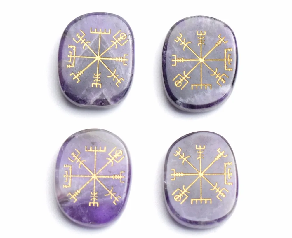

Set of 4 Natural Amethyst Carved Crystal Reiki Healing Palm Stones Engraved Ancient Norse Viking Rune Vegvisir with a Pouch