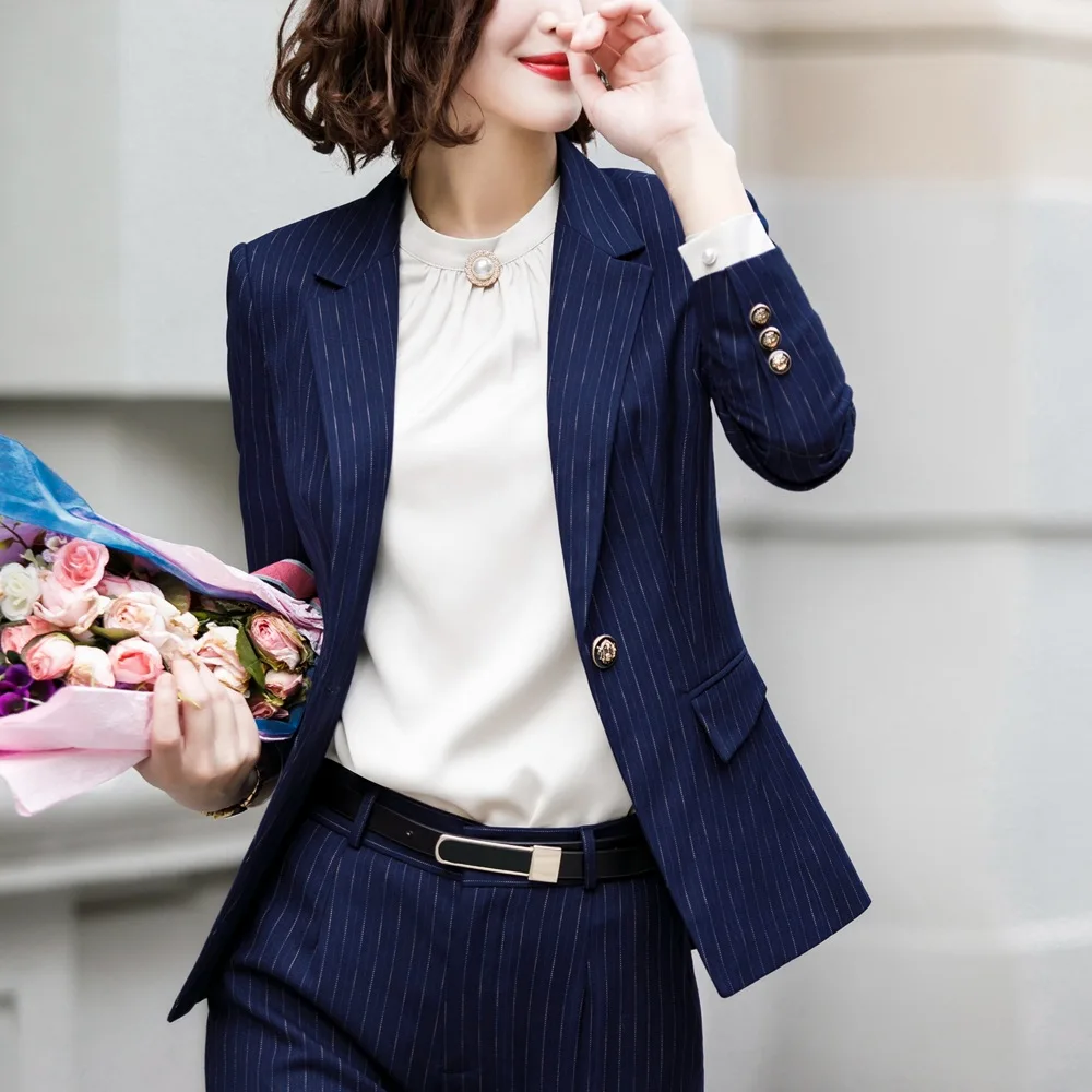 Skirt Suit Office Clothes 4XL Plus Size 2 Piece Set Blue Stripe Jacket Skirt Costume Interview Host Career Lady Work Suit 622