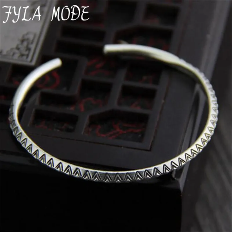 

Fyla Mode Women Antique 999 Silver Open Cuff Bangle Carving Simple Creative Pulseras Open Bracelet Jewelry 4.10mm 13.50G WTB062