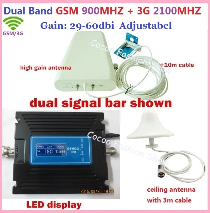 

Hot Dual band GSM 3G mobile signal repeater 900MHz and W-CDMA 2100mhz cellular amplifier booster with antennas