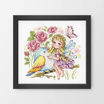 

Elf girl and bird cartoon Cross Stitch,Needlework,DIY,cross-stitch kits,embroidery kits, printed or counted fabric thread XXFISH