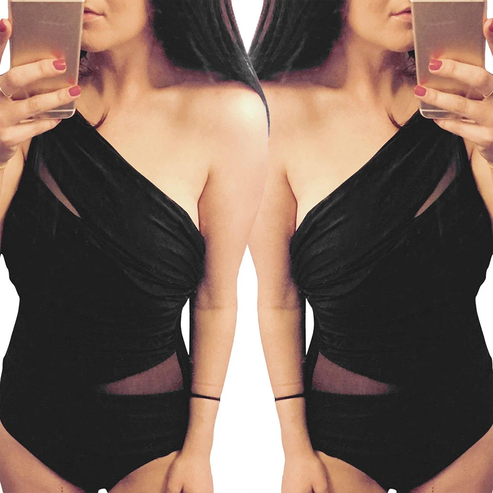 

Sexy One Shoulder One Piece Swim Suits 2019 Swimwear Women Mesh Solid Black Monokini Swimsuits Push up Bathing Suits