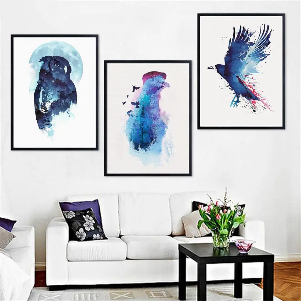 

Watercolor Birds Poster Nordic Style Abstract Animals Wall Pictures Canvas Art Print Owl Pigeon Eagle Painting Home Decor Framed