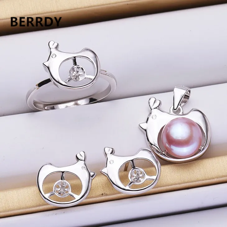 

925 STERLING SILVER Pearl Jewelry Set Settings Earrings Ring Pendant Elephant Animal Mountings Women's Findings Accessories