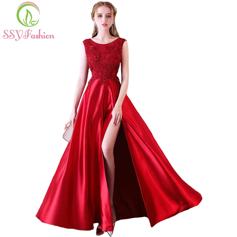 

SSYFashion New The Bride Banquet Elegant Evening Dress Wine Red Satin High-split Lace Flower Floor-length Prom Party Formal Gown