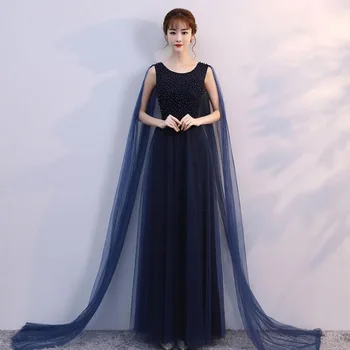 

2019 New Dark Blue Embroidery Slim Ankle-length Sleeveless Long Banquet Evening Dress