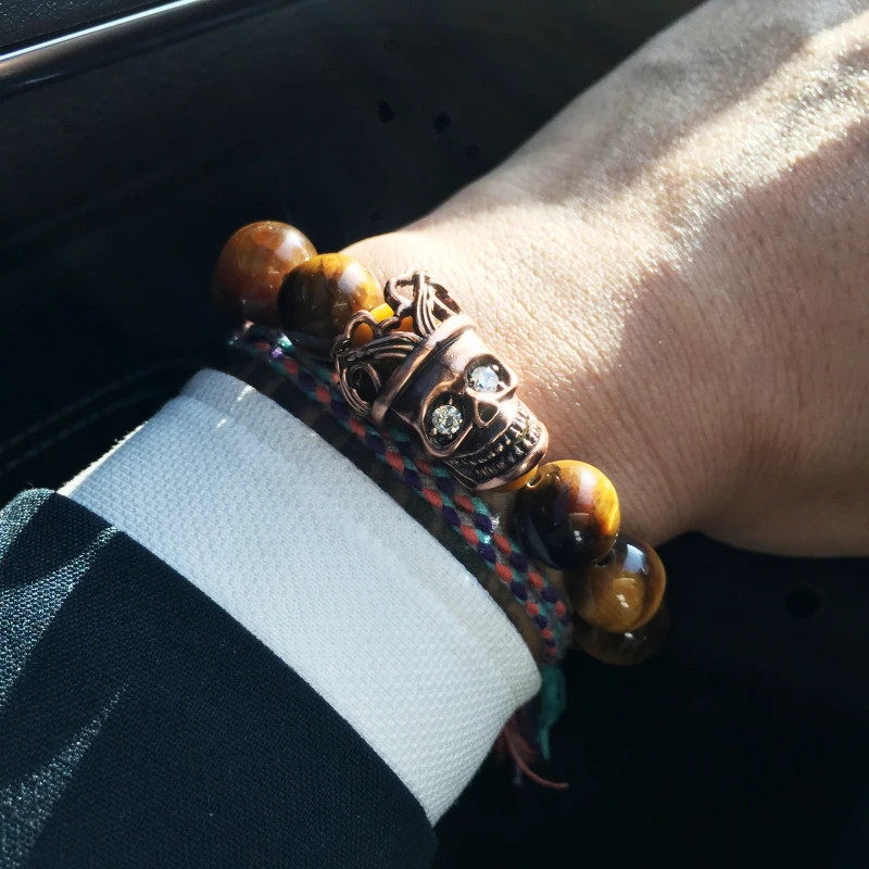 

Mcllroy Skull bracelet men Tiger eye stone beads bracelets CZ copper Beaded friendship bracelet Gifts for men pulseiras gifts