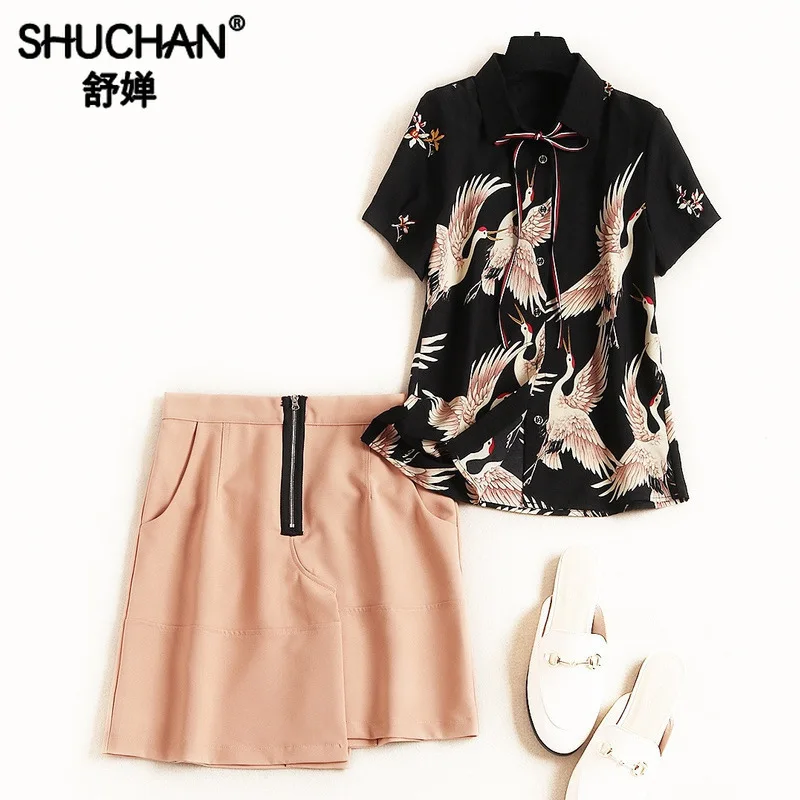 

Shuchan Chinese Style 2 Piece Set Single Breasted Print Animal Tops+Asymmetry Skirts Female Summer Suit Fashion New 2019 51303
